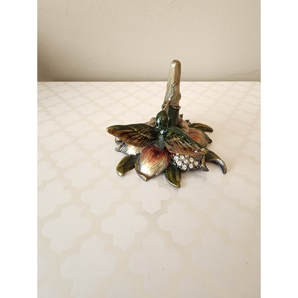 NIB Hummingbird Ring Holder Crystal Enamel Flowers Metal Jewelry Decor Vtg - Picture 7 of 12